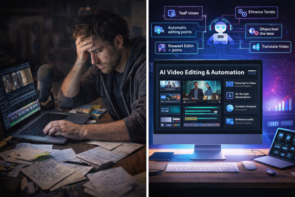 Best AI Tools for Faceless YouTube Channels (Free & Paid 2026) comparison of manual video editing vs AI tools for faceless YouTube workflow