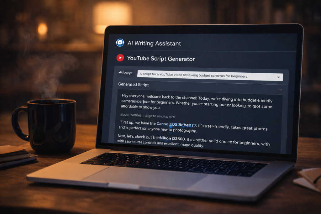 Best AI Tools for Faceless YouTube Channels (Free & Paid 2026) AI tools for faceless YouTube script writing process on laptop
