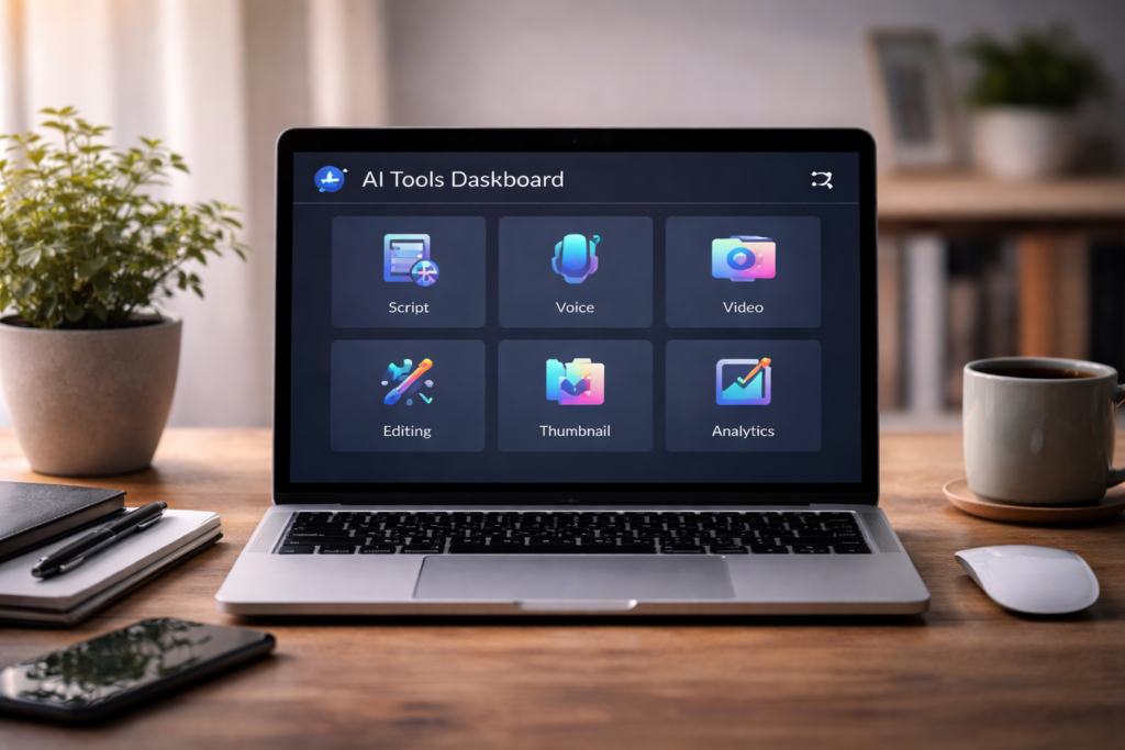 Best AI Tools for Faceless YouTube Channels (Free & Paid 2026) best AI tools for faceless YouTube 2026 setup workspace