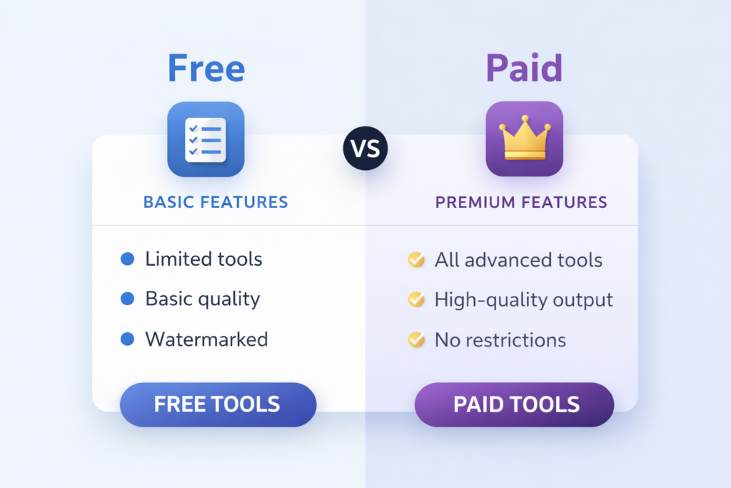Best AI Tools for Faceless YouTube Channels (Free & Paid 2026) free vs paid AI tools for faceless YouTube comparison chart