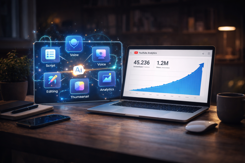 AI tools for faceless YouTube showing automated video creation and YouTube analytics dashboard