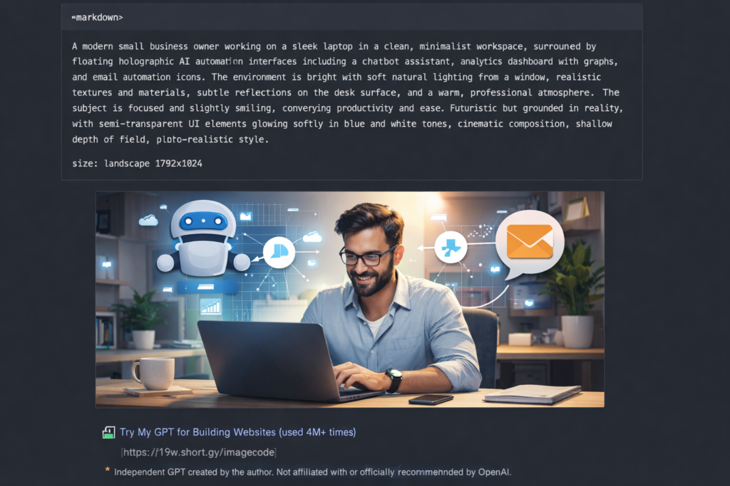 Modern small business owner working on a laptop with AI automation tools like chatbot, analytics dashboard, and email automation in a bright workspace