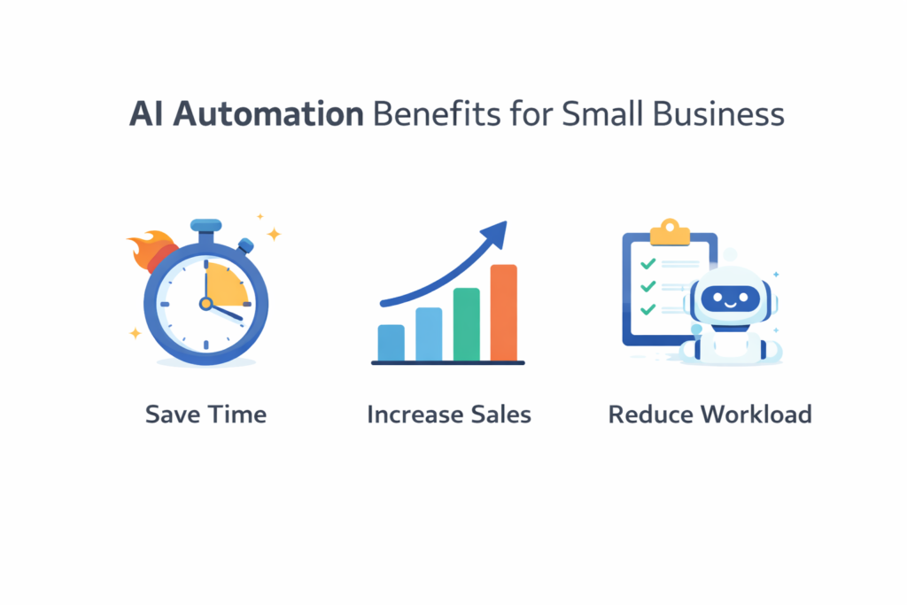 Minimal infographic showing AI automation benefits for small business including saving time, increasing sales, and reducing workload