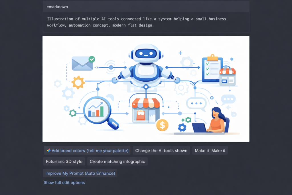 Flat illustration of multiple AI tools connected in a workflow system helping small business automation and productivity AI agents for small business
