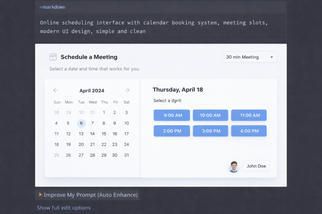 Clean online scheduling interface with calendar booking system and selectable meeting time slots