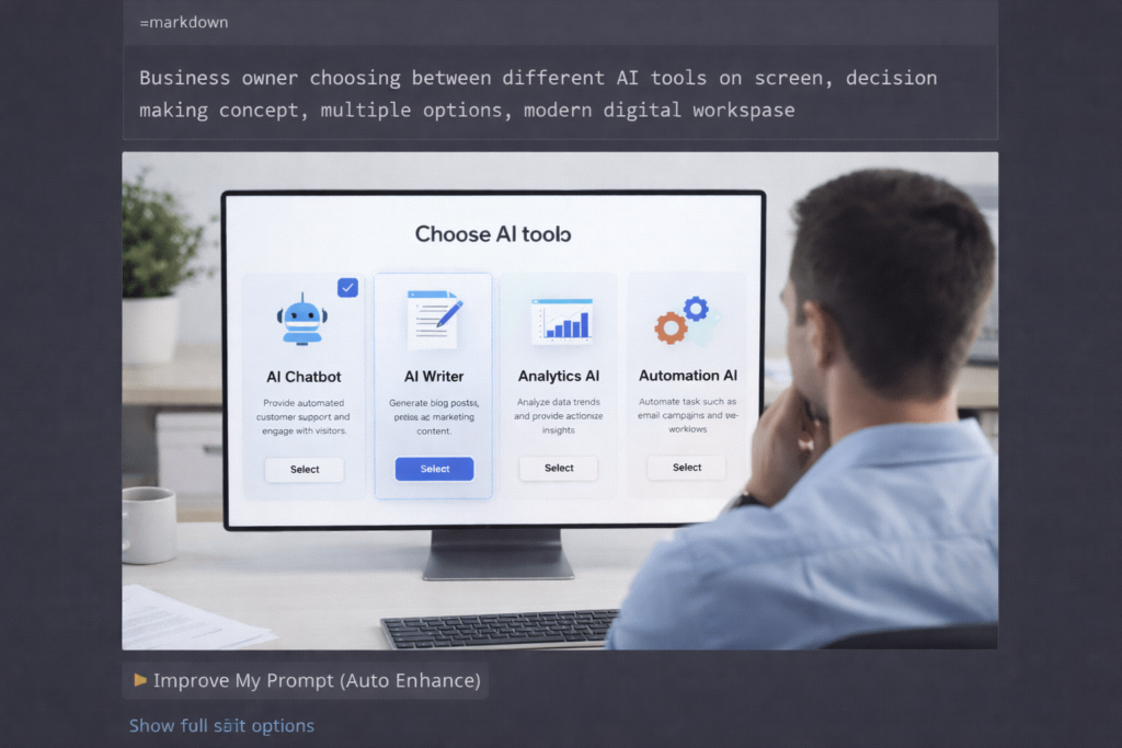 Small business owner choosing between different AI tools on screen in a modern digital workspace