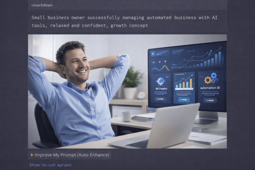 Relaxed small business owner confidently managing automated business with AI tools and growth analytics on screen