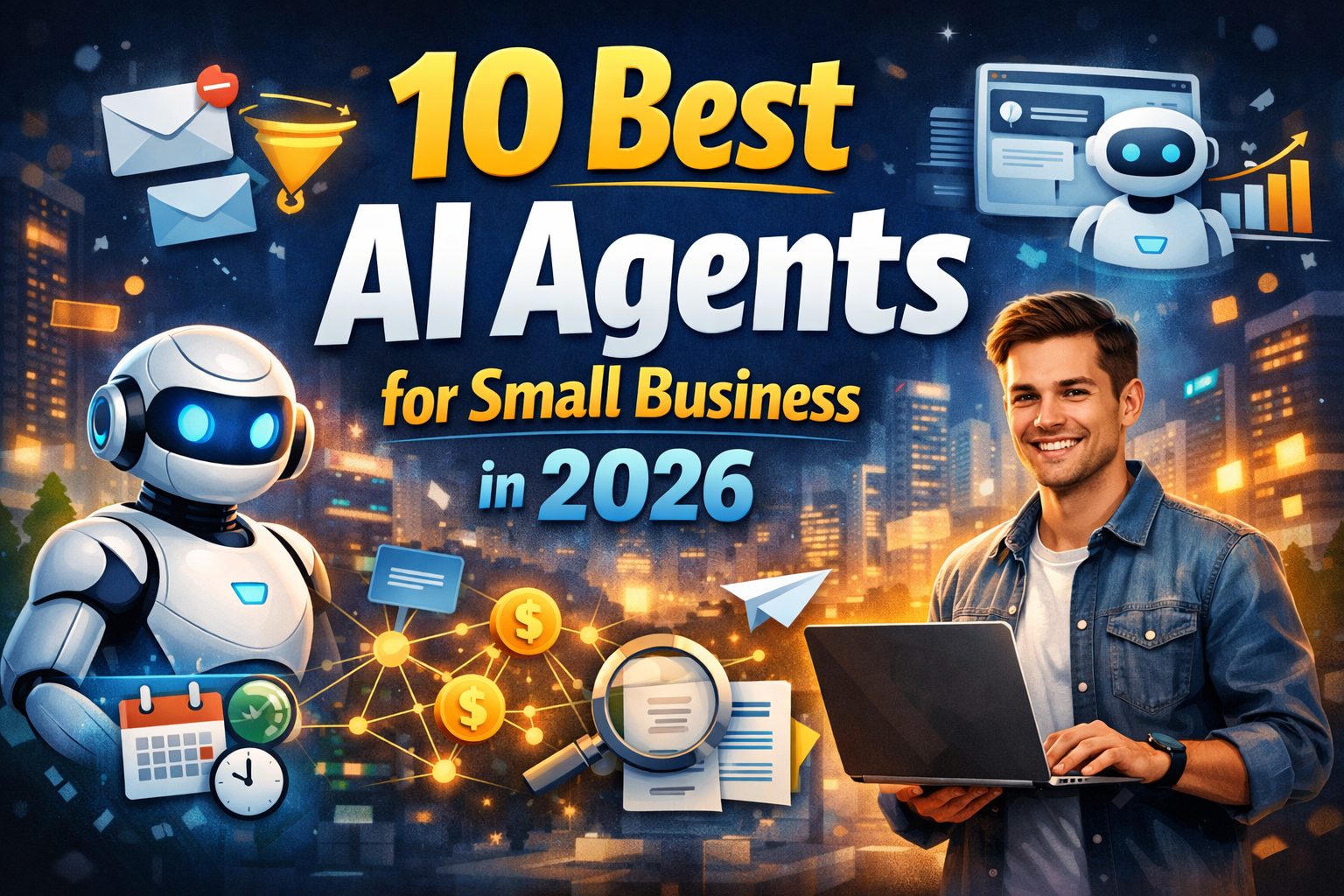 10 best AI agents for small business in 2026 with automation tools, chatbot, analytics, and growth concept illustration