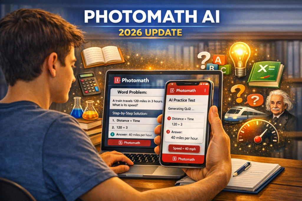 Photomath AI math solver helping students solve algebra problems step by step