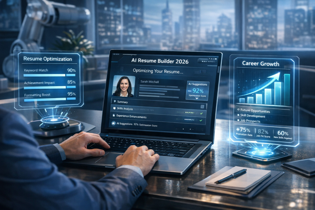 AI Resume Builder 2026 futuristic workspace – Person using AI resume builder on laptop with holographic career growth charts and resume optimization interface.