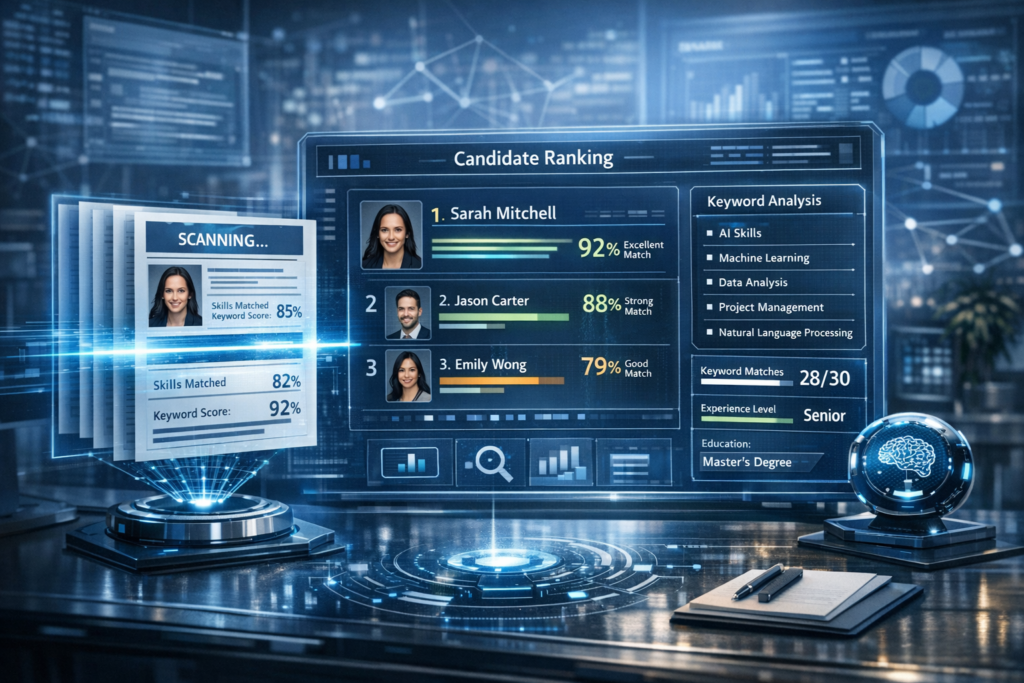 AI Resume Builder 2026 ATS dashboard – Applicant Tracking System scanning resumes with AI recruitment software, candidate ranking, and keyword analysis.

