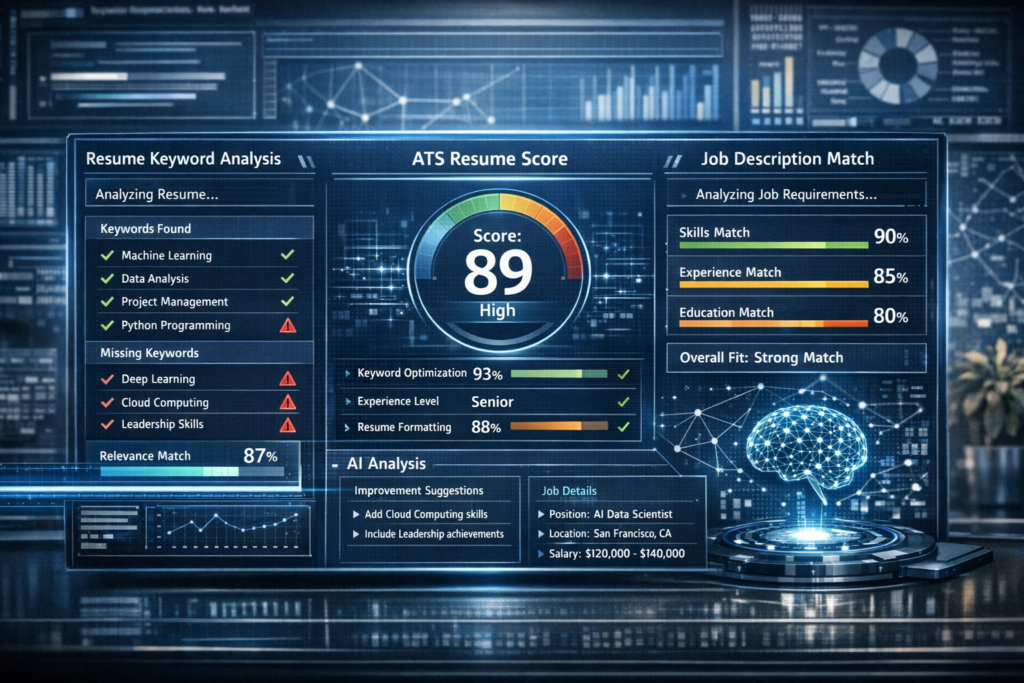AI Resume Builder 2026 resume analysis – Dashboard showing keyword optimization, ATS resume score, and job description matching interface.

