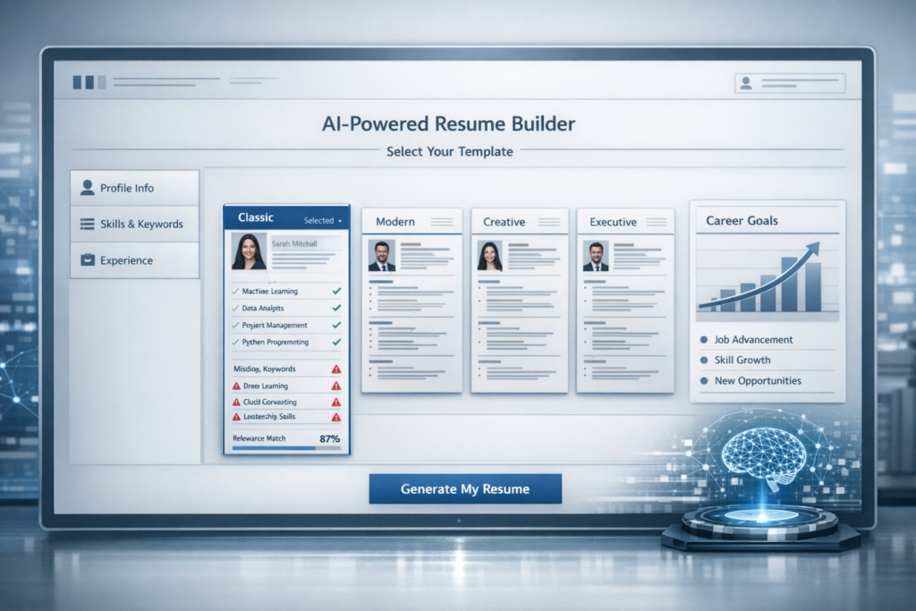 AI Resume Builder 2026 professional templates – Clean modern dashboard with resume template selection, career goals graph, and generate resume button.

