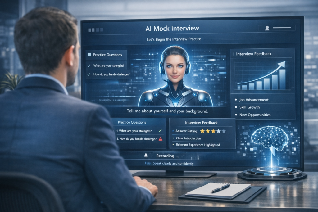 AI Resume Builder 2026 mock interview simulation – Candidate practicing interview with AI assistant on screen, receiving feedback and practice questions.

