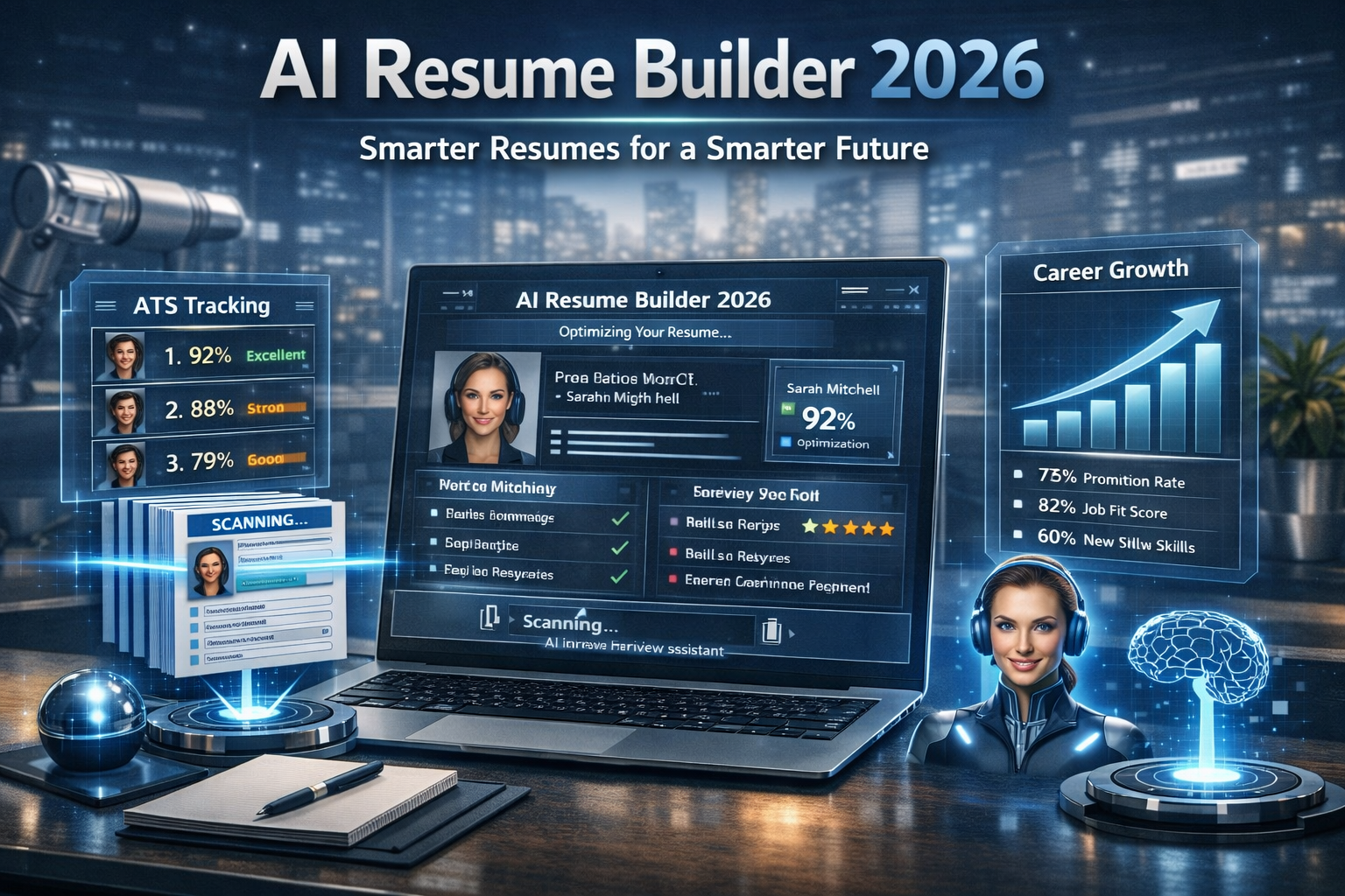AI Resume Builder 2026 featured dashboard showing resume optimization, ATS tracking, career growth charts, and virtual interview assistant in a futuristic workspace.
