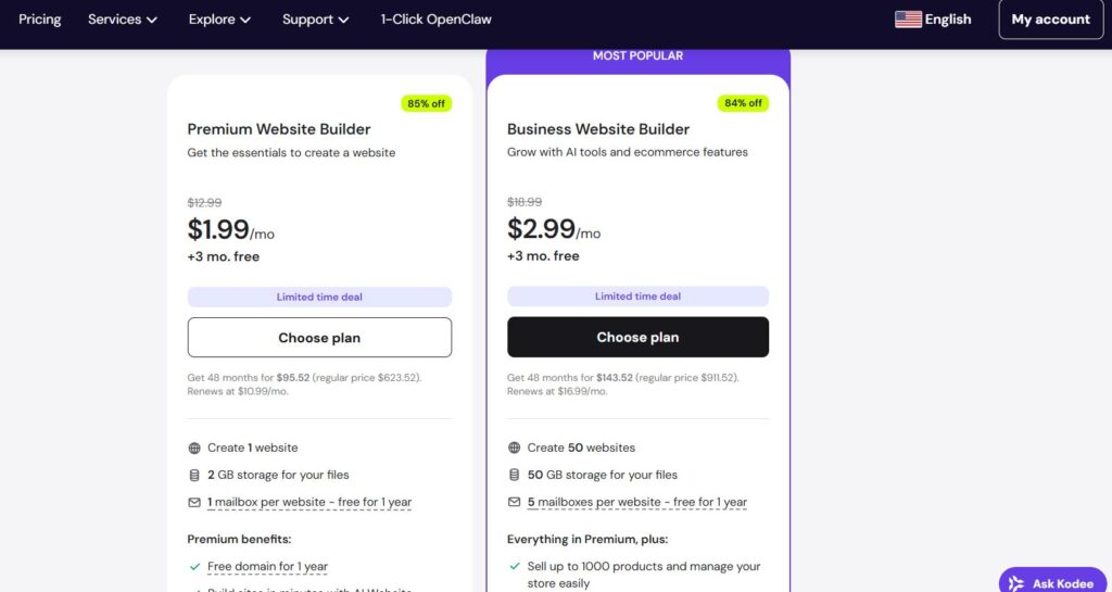 Hostinger website builder pricing 2026 plans comparison