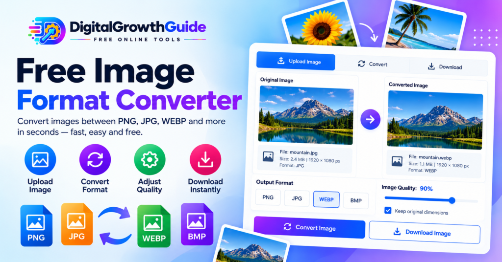 DigitalGrowthGuide free online image format converter tool interface showing PNG, JPG, and WebP conversion options.