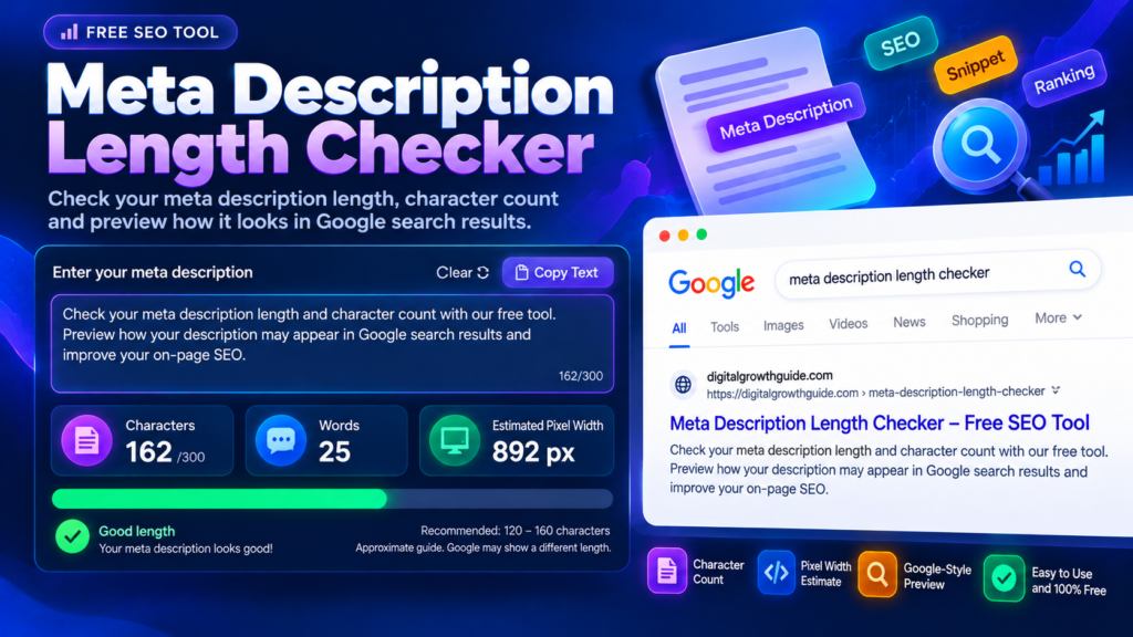 Meta Description Length Checker dashboard with character count and search snippet preview