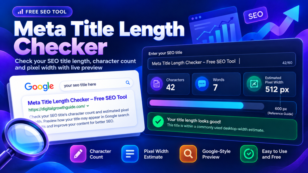 Meta Title Length Checker dashboard showing SEO title preview, character count, and estimated pixel width