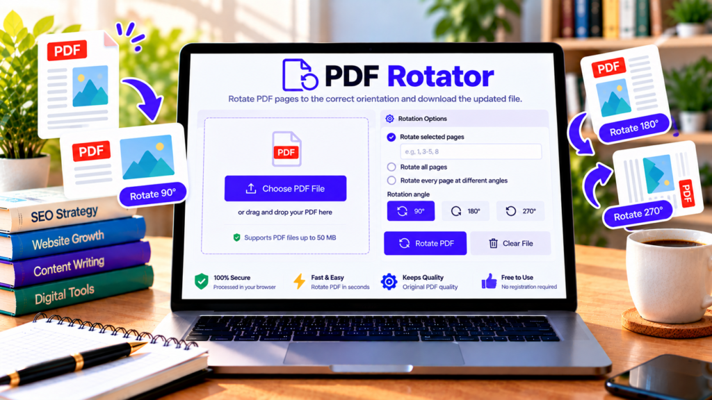Use our PDF Rotator online for free to rotate PDF pages by 90, 180, or 270 degrees. Select specific pages or rotate the entire PDF and download it.