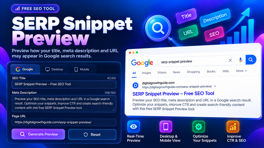 SERP Snippet Preview tool showing a Google-style search result with SEO title and meta description