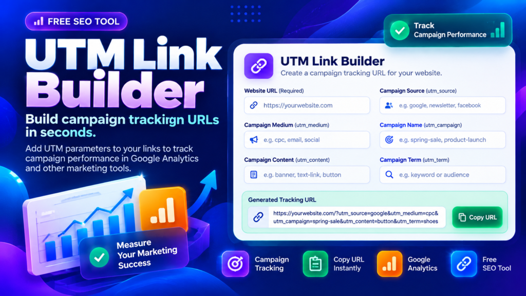 UTM Link Builder interface showing campaign source, medium, campaign name and generated tracking URL