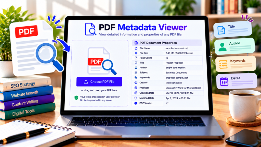 Free PDF Metadata Viewer showing document properties such as title, author, keywords, and creation date.