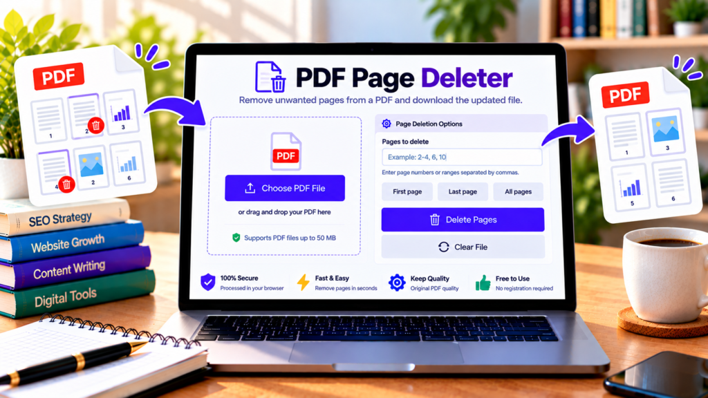 Free PDF page deleter showing how to remove unwanted pages from a PDF document online.