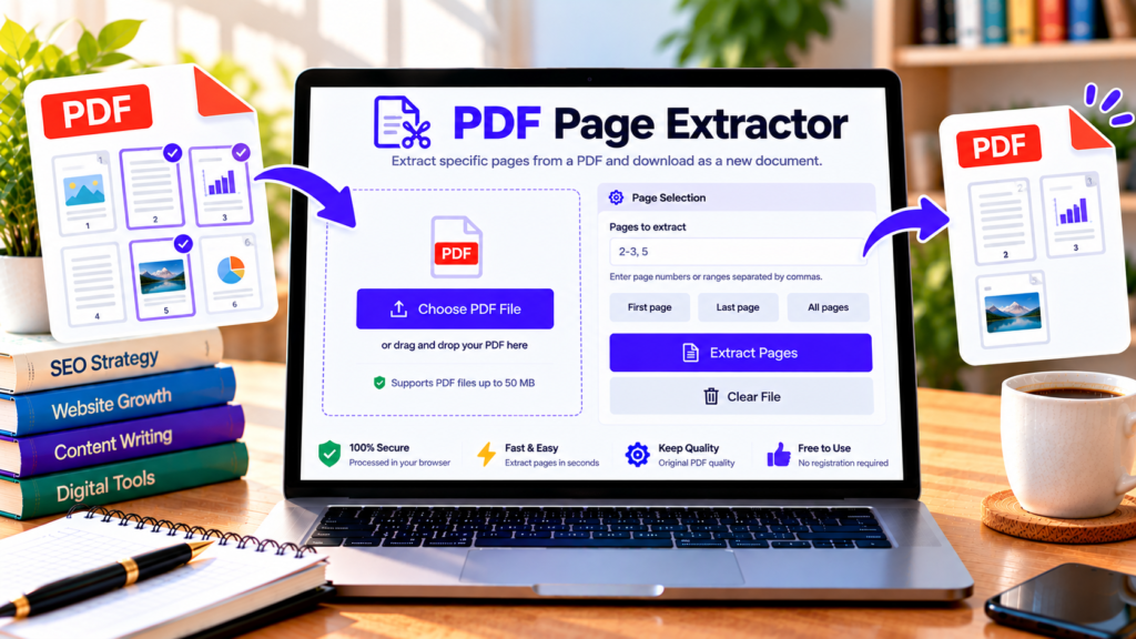 Free PDF page extractor showing selected PDF pages being extracted into a new document.
