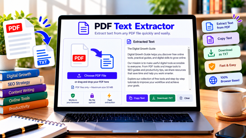 Free PDF Text Extractor showing PDF text extraction, copy, and TXT download options.
