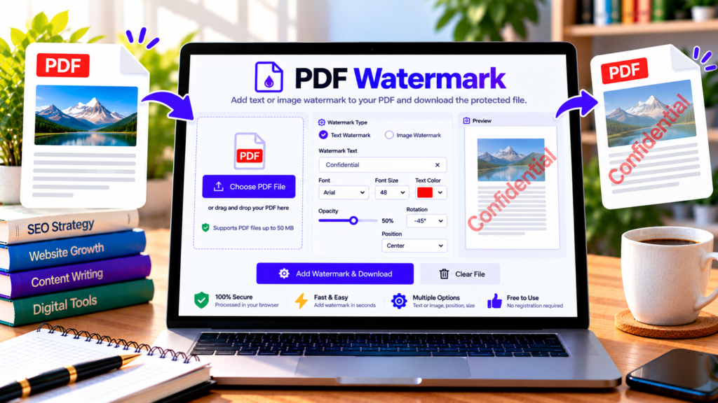 Free PDF Watermark tool showing how to add a Confidential text watermark to a PDF document.