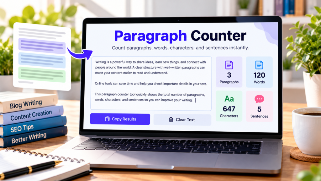 Free online paragraph counter tool showing paragraph, word, character, and sentence counts