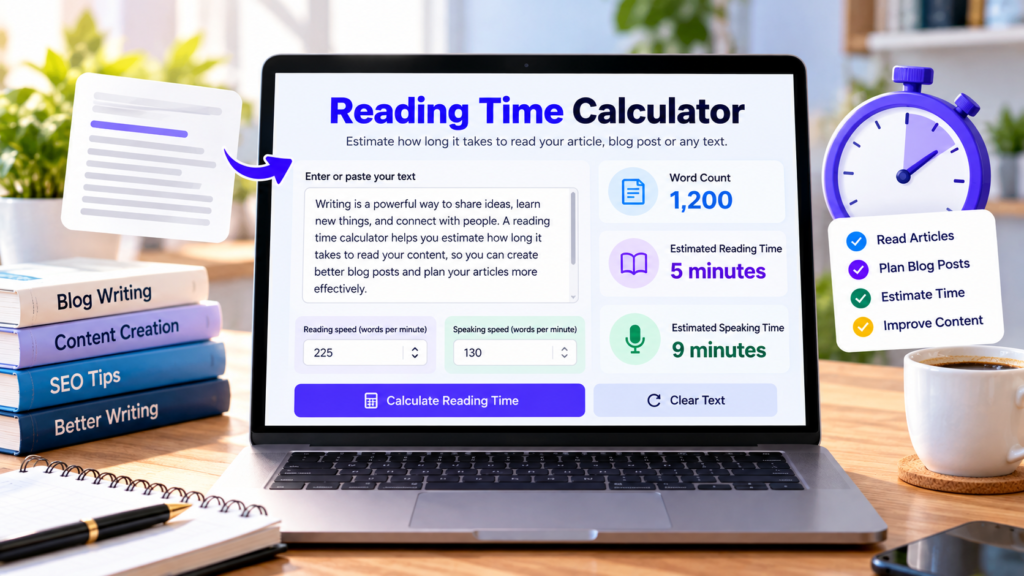 Free reading time calculator showing word count, estimated reading time, and speaking time