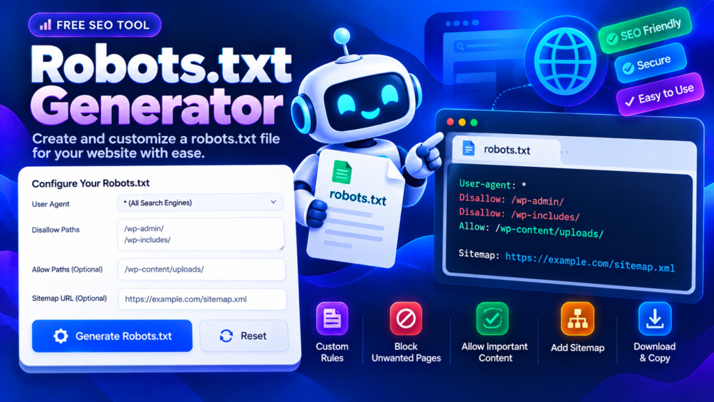 Robots.txt Generator interface showing crawler rules and a robots.txt code preview