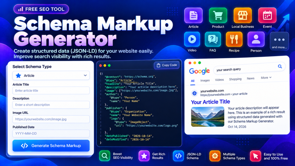Schema Markup Generator interface showing JSON-LD structured data and schema type options