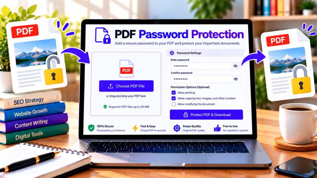 Free PDF Password Protection tool showing a PDF document secured with password encryption.